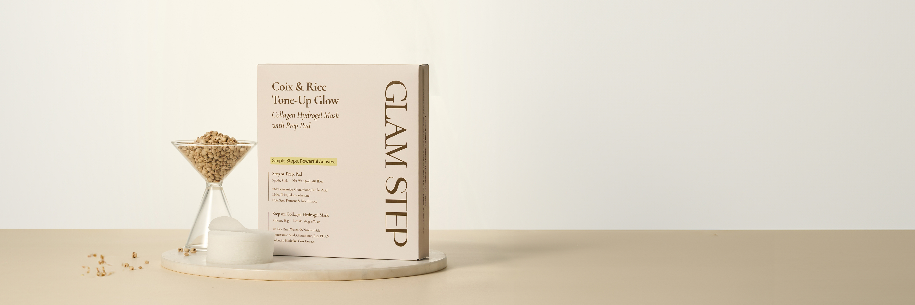 Coix & Rice Tone-Up Glow Collagen Hydrogel Mask with Prep Pad alongside adlay in a glass
