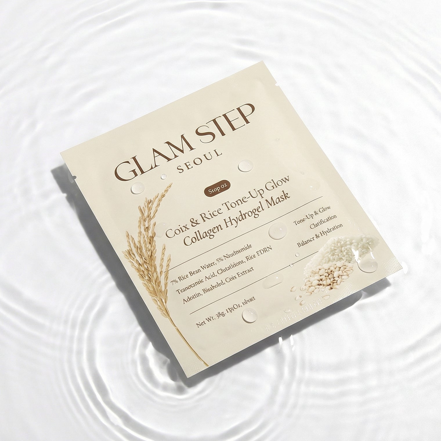 Glam Step Seoul Coix & Rice Tone-Up Glow packaging floating on the water surface