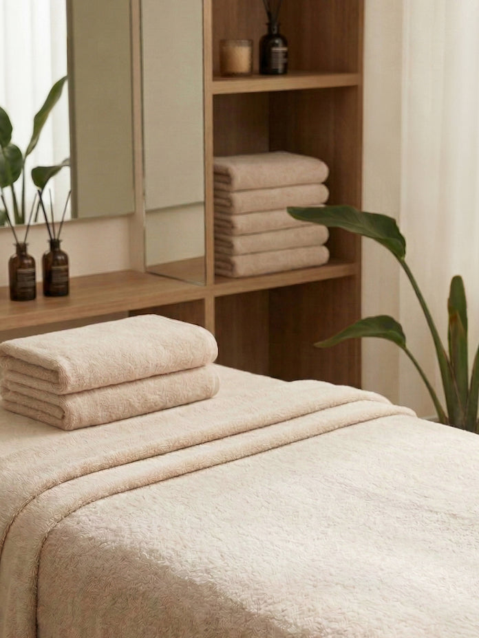 Interior of a salon with a treatment bed and towels