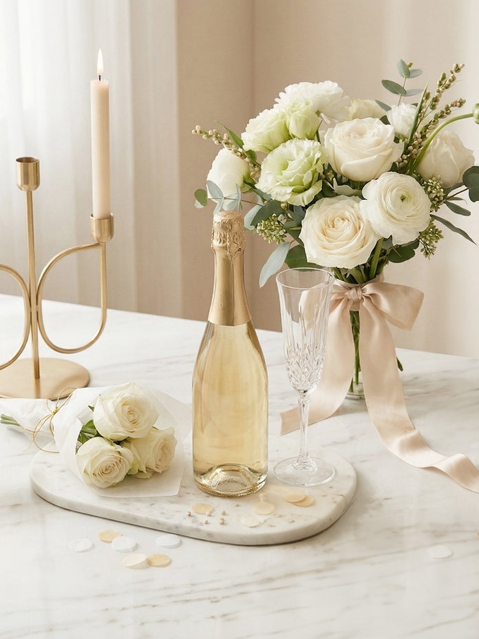 A wedding scene featuring champagne, a bouquet, and a candelabra on a marble table