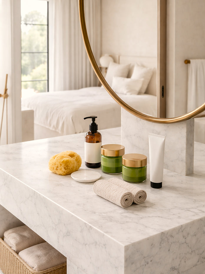 Interior of a luxury hotel room featuring a bed and high-end amenities